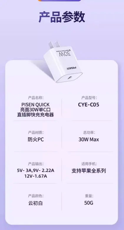 Pisen PD+PPS 30W USB-C output Charger - 3C Easy Markham