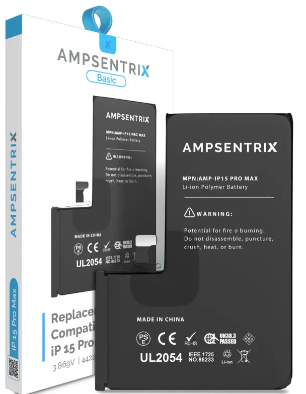 Ampsentrix Basic Replacement Batteries for Apple iPhone 15 / 15 Plus / 15 Pro / 15 Pro Max AmpSentrix