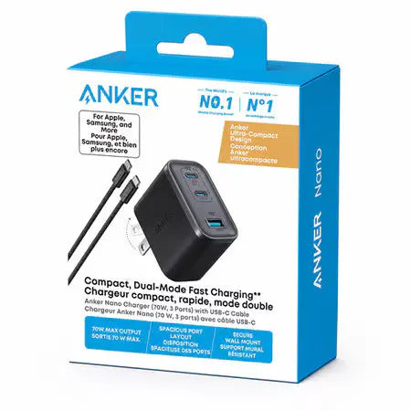 Anker's Nano 70W 3-Port USB-C Wall Charger with 4.9 ft USB C-C cable Anker