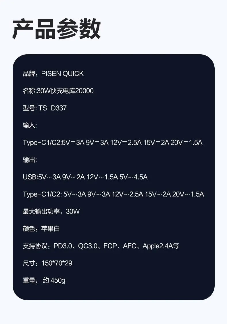 Pisen 20,000mAh + 30 Watts SPC+PD+PPS Output Powerbank - 3C Easy Markham